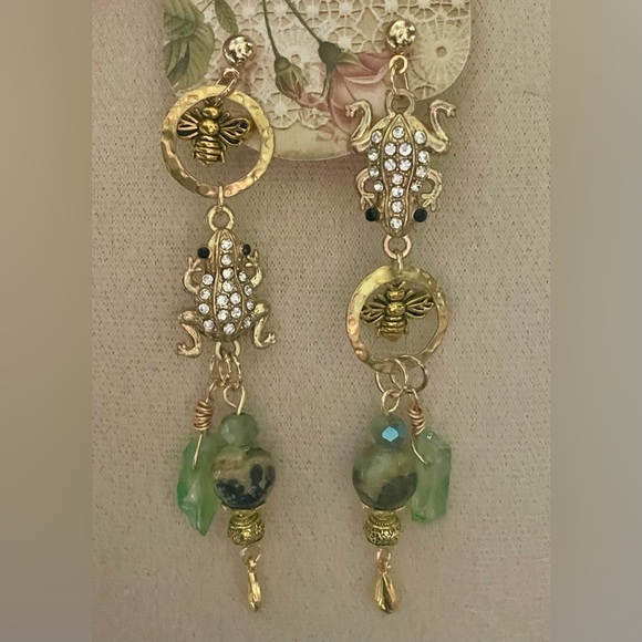 Hand Crafted Jewelry - ‘Leapfrog’ Gold Green Phoenix Stone Frog Earrings